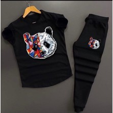 Risil-Nu Company Unisex Siyah Panda Baskılı Slim Fit Tişört- Siyah Dar Kesim Eşofman Altı Kombin Alt Üst Takım 2'li