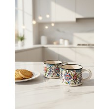 Rgs Homelife 2'li El Yapımı Seramik Kupa Seti, Seramik Kahve, Espresso ve Çay Kupa Seti Beyaz Çini Kazan Kupa