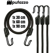 Pufazzo Kancalı Bagaj Lastiği - Bagaj Gergi Lastiği, Motorsiklet Bisiklet Sabitleme Lastiği, Paslanmaz Çelik Çift Kanca - (30-60-90CM 3 Adet Siyah)