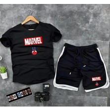 Risil-Nu Company Yeni Sezon Trend Marvel Baskılı Slim Fit Oval Kesim Tshirt-  Interlok Kumaş Şort 2'li