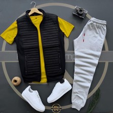 Risil-Nu Company Basic Kapitone Yelek - Gri Yazlık Eşofman Altı - Sarı T-Shirt 3'lü Alt Üst Takım