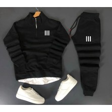 Risil-Nu Company Yarım Fermuarlı Baskılı Pamuklu Siyah Sweat-Pamuklu Siyah Eşofman Altı Takım Alt Üst 2'li