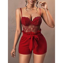 Intive Lingerie Kadın Kırmızı Kuşak ve Dantel Detaylı Fantezi Elbise 5147