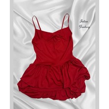 Intive Lingerie Intive Eteği Kabartmalı Balon Kesim Ince Askılı V Yaka Mini Gecelik/elbise