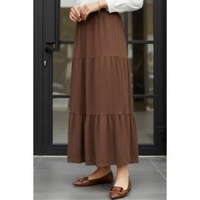 İmaj Butik Kahverengi Eteği Katlı Bel Lastikli Bürümcük Etek