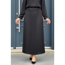 İmaj Butik Siyah Bel Zincir Detaylı Piliseli Etek