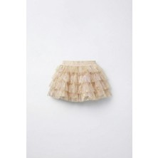 Magu Kız Çocuk Pamuklu Astarlı Ekru Simli Tül Etek