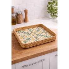 Ocean Point Yaprak Desenli Kare Rattan Tepsi, El Yapımı, Doğal Dekoratif Servis Tepsisi, 28 cm