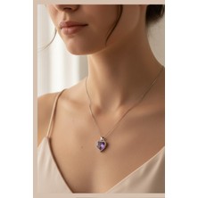 Norayn Kadın Mor Kristal Kalp Kolye - Gümüş Rengi Zirkon Taşlı Tasarım