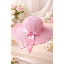 Reva Puantiyeli Kurdele Detaylı Pembe Yazlık Hasır Şapka