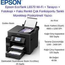 Epson Ecotank L6570 Wi-Fi + Tarayıcı + Fotokopi + Faks Renkli Çok Fonksiyonlu Tanklı Mürekkep Püskürtmeli Yazıcı + 2 Paket A4 Hediye
