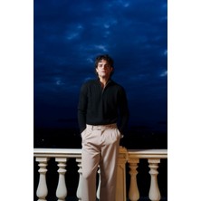 Erkek Yarım Fermuarlı Saç Örgü Desenli Kazak