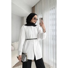 RFK Butik Kadın Omuz Volanlı Gizli Düğmeli Bel Kemerli Gömlek - Beyaz