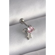Shoplet Buğz 316L Çelik Gümüş Renk Pembe Zirkon Taşlı Sallantı Yıldız Detay Tragus Piercing