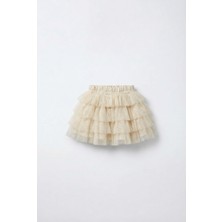 Magu Kız Çocuk Pamuklu Astarlı Ekru Simli Katmanlı Tül Etek