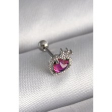 Shoplet Buğz 316L Çelik Gümüş Renk Pembe Mineli Kalp Zirkon Taş Detaylı Taç Tragus Piercing