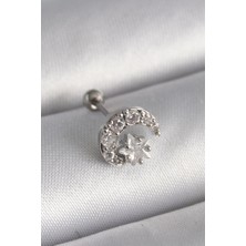 Shoplet Buğz 316L Çelik Gümüş Renk Zirkon Taşlı Ay Yıldız Tragus Piercing