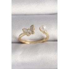 Shoplet Buğz Pirinç Gold Renk Zirkon Taş Detaylı Beyaz Mineli Kelebek Model Inci Detay Ayarlanabilir Yüzük