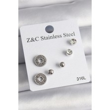 Shoplet Buğz 316L Çelik Gümüş Renk Zirkon Taşlı Labirent Model Kadın Küpe Seti