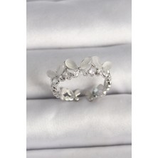 Shoplet Buğz Pirinç Gümüş Renk Zirkon Taşlı Beyaz Mineli Kelebek Model Ayarlanabilir Yüzük