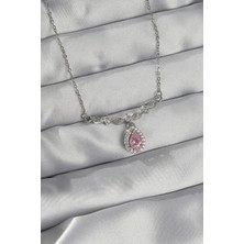 Shoplet Buğz 316L Çelik Gümüş Renk Pembe Zirkon Taşlı Damla Kolye