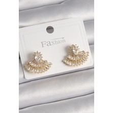 Shoplet Buğz Pirinç Gold Renk Zirkon Taşlı Yelpaze Model Kadın Küpe