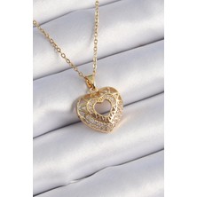 Shoplet Buğz 316L Çelik Gold Renk Zirkon Taşlı Kalp Model Vintage Kadın Kolye