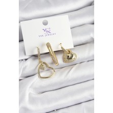 Shoplet Buğz Pirinç Zirkon Taşlı Kalp Model Gold Renk 3'lü Kadın Küpe
