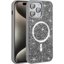Paladyum Case iPhone 14 Pro Max Uyumlu Pırlanta Tasarım Magsafe Gri Mozaik Kapak