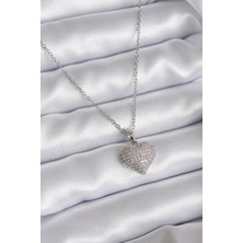 Shoplet Buğz 316L Çelik Zincir Gümüş Renk Zirkon Taş Detay Kalp Model Kadın Kolye