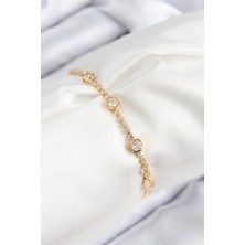 Shoplet Buğz Pirinç Zirkon Taşlı Daire Model Gold Renk Asansörlü Kadın Bileklik