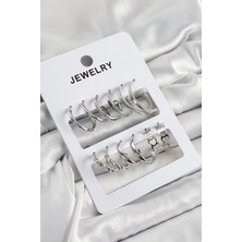 Shoplet Buğz Pirinç Karışık Halka Model Gümüş Renk 6 Çift Kadın Küpe Set