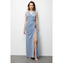 Ekol Büzgü Detaylı Yırtmaçlı Simli Elbise 6082