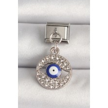Shoplet Buğz 316L Çelik Gümüş Renk Zirkon Taşlı Göz Model Nazar Boncuk Detay Nomination Charm
