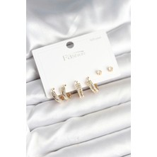 Shoplet Buğz Pirinç Gold Renk Zirkon Taşlı 925 Gümüş Çivili Kadın Küpe Seti
