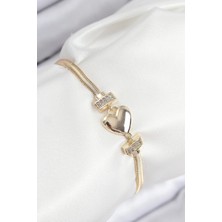 Shoplet Buğz Pirinç Zirkon Taşlı Kalp Model Gold Renk Kadın Bileklik