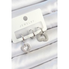 Shoplet Buğz Pirinç Zirkon Taşlı Kalp Model Gümüş Renk 3'lü Çift Kadın Küpe Set
