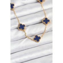Shoplet Buğz 316L Çelik Zincir Gold Renk Lacivert Yonca Kadın Kolye