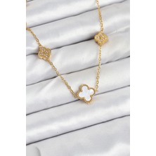 Shoplet Buğz 316L Çelik Zincir Gold Renk Beyaz ve Zirkon Taşlı Yonca Kadın Kolye