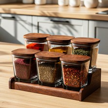Snippy Prime - 7 Parça Standlı Ahşap Vakumlu Kapaklı Baharatlık Seti Standlı Saklama Kabı 300 ml
