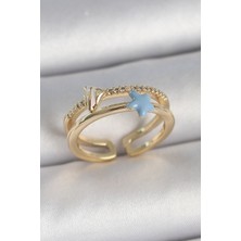 Shoplet Buğz Pirinç Gold Renk 2'li Zirkon Taşlı Mavi Yıldız Figür Ayarlanabilir Kadın Yüzük
