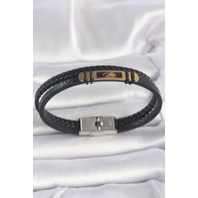 Shoplet Buğz 316L Çelik Gold Renk Örümcek Figür Çift Sıra Burgu Desenli Deri Kordon Erkek Bileklik