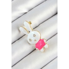Shoplet Buğz Zirkon Taş Detaylı Beyaz ve Pembe 3D Tavşan Figürlü Kadın Broş