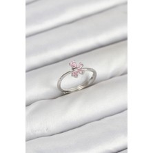 Shoplet Buğz Pirinç Gümüş Renk Pembe Kelebek Kadın Yüzük