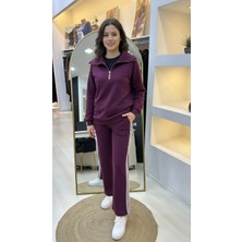 Nuss 1093 Şerit Desenli Pantolonlu Takım - Mürdum