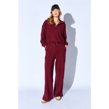 CGA Kadın Bordo Eşofman Takımı Spor Takım Bordo Yarım Fermuarlı Sweatshirt-Beli Lastikli Kordon Detaylı Pantolon Takım