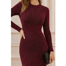 Serac Collection Kadın Uzun Kollu Bisiklet Yaka Taşlı Midi Kadife Elbise