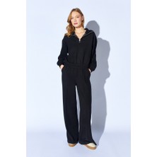 CGA Kadın Siyah Spor Takım Eşofman Takım Siyah Yarım Fermuarlı Sweatshirt-Beli Lastikli Kordon Detaylı Pantolon Takım