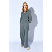 CGA Kadın Eşofman Takım Spor Takım Antrasit Yarım Fermuarlı Sweatshirt-Beli Lastikli Kordon Detaylı Pantolon Takım