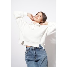 Ckm Moda Darli Fermuarlı Kapşonlu Sweat Beyaz